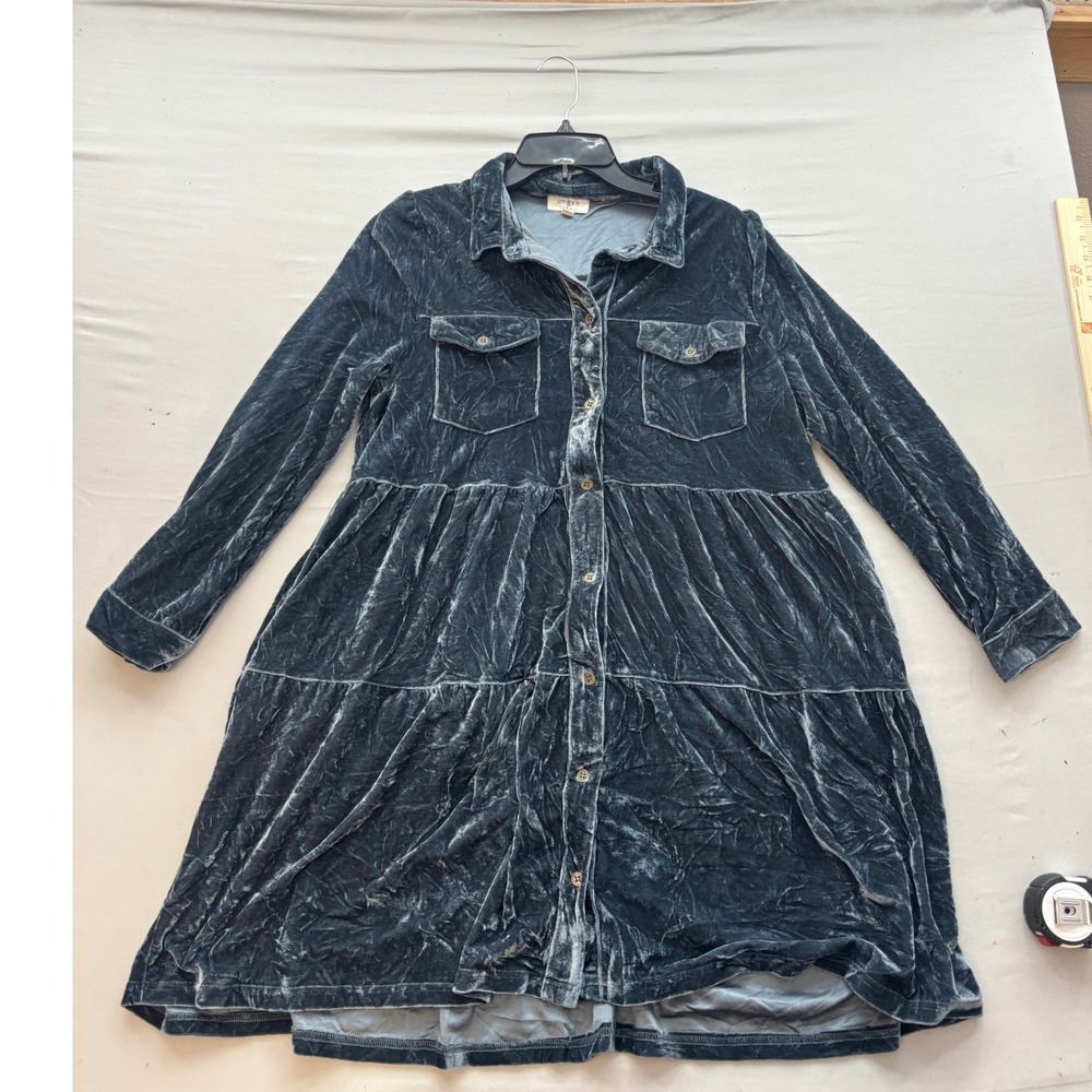 Umgee USA Velvet Shirt Dress Womens Large Grey Blue Crushed Velvet Tiered Boho